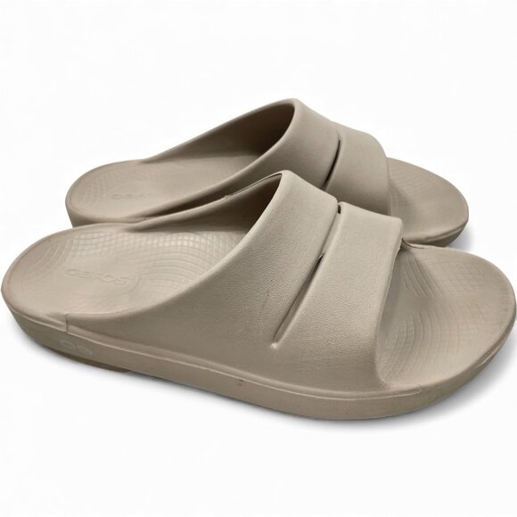 Oofos Beige Tan Sandals Women's 7 Men's 5 - Picture 3 of 15